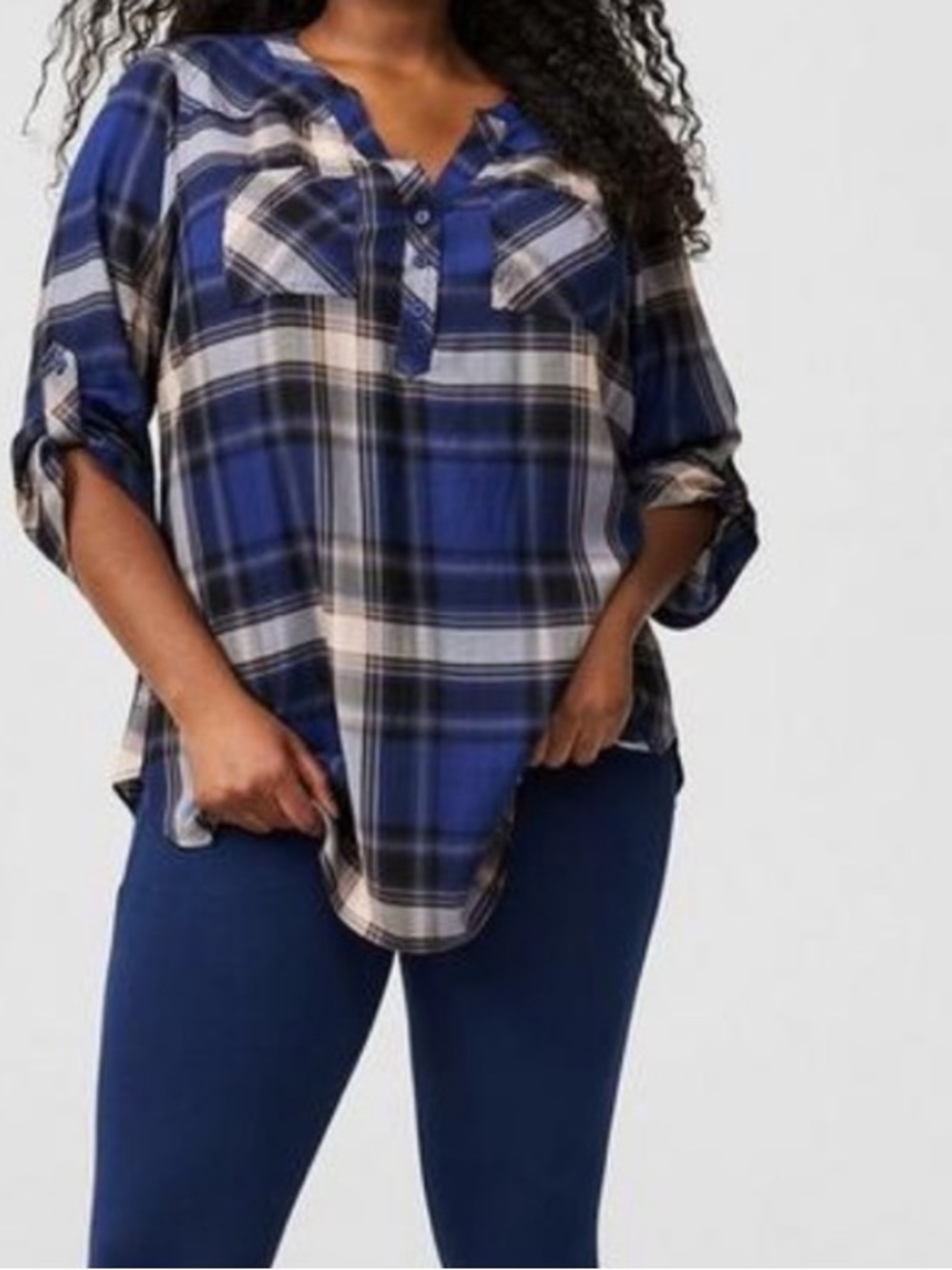 Torrid Harper Challis Pullover Tunic Size 2x 18-20 Kimmie Plaid Blue Black NWT